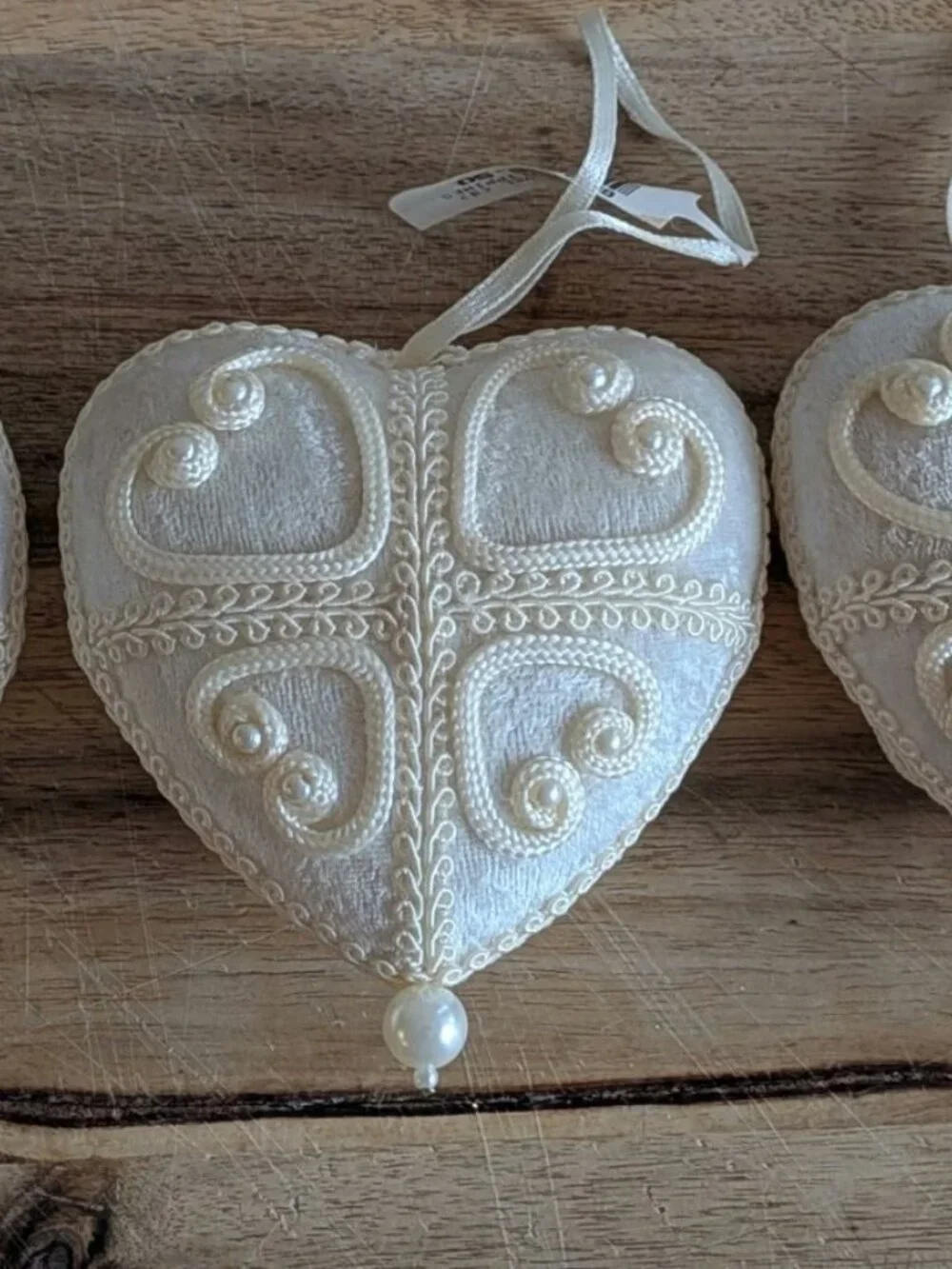 3 Vintage Pearl Ivory Ornate Heart Ornaments